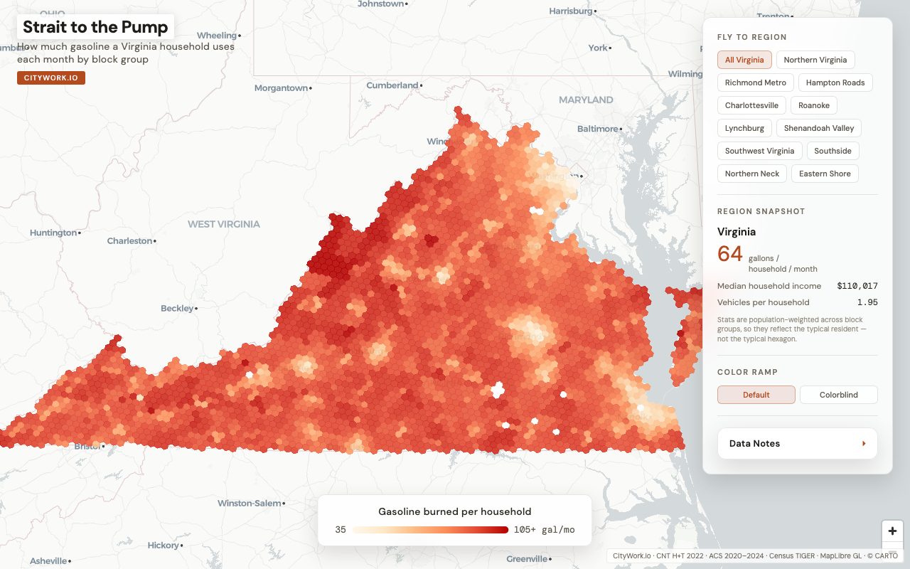 Strait to the Pump — monthly household gasoline use across Virginia by block group